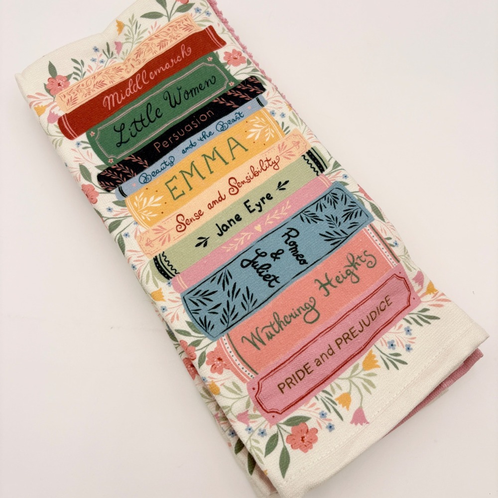 Truly Lou Literary Classics Book Stack Kitchen Towels Set of 3 Pink Bibliophile